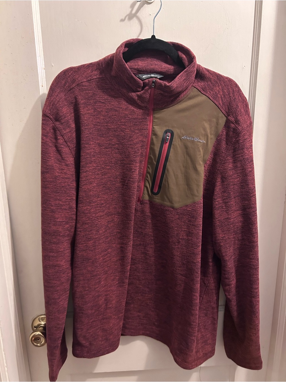 Eddie Bauer Eggplant Quarter-Zip Pullover with Olive Chest Panel Large New